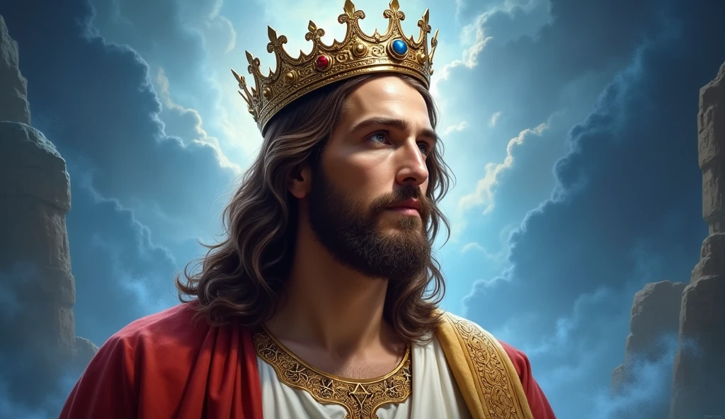 Jesus with a king&#39;s crown on his head, JesusChrist, the lord and savior, portrait of JesusChrist, Jesus of Nazareth, brilliant light masterpiece, jesus, greg olsen, king of kings, beautiful image already created, image background a kingdom of beautiful, blue and silver colors, sua mente contemplando a eternidade, glorious light,!! with a serene look and a slight smile!
