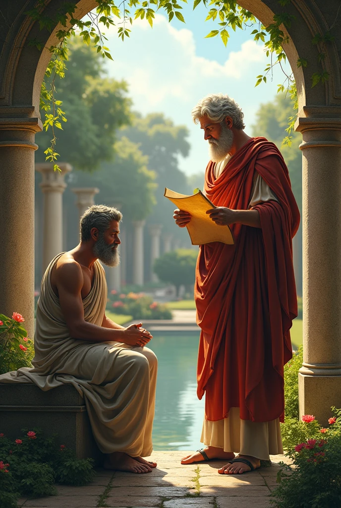 -Scenario: Um Jardim.
- Plato (with a scroll in hand)
Aristotle (thinking deeply)