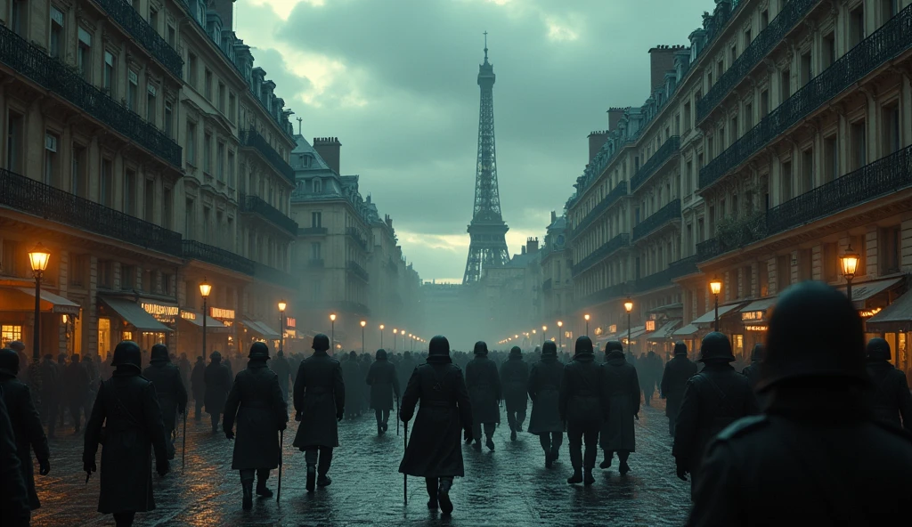 a 1912 chaotic city of paris, soldiers marching in the streets, highly detailed, ornate architecture, dark stormy skies, dramatic lighting effects, cinematic atmosphere, gritty realism, moody color palette, chiaroscuro lighting, (best quality,4k,8k,highres,masterpiece:1.2),ultra-detailed,(realistic,photorealistic,photo-realistic:1.37)