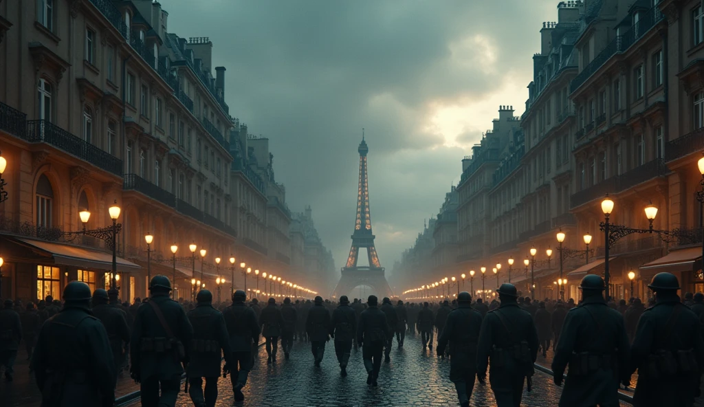 a 1912 chaotic city of paris, soldiers marching in the streets, highly detailed, ornate architecture, dark stormy skies, dramatic lighting effects, cinematic atmosphere, gritty realism, moody color palette, chiaroscuro lighting, (best quality,4k,8k,highres,masterpiece:1.2),ultra-detailed,(realistic,photorealistic,photo-realistic:1.37)