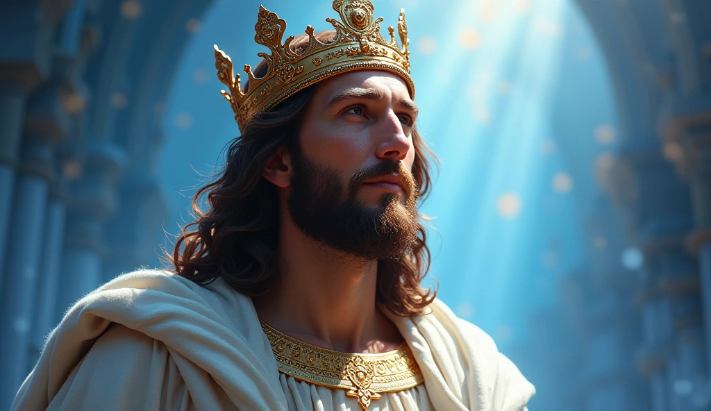 Jesus with a king&#39;s crown on his head, JesusChrist, the lord and savior, portrait of JesusChrist, Jesus of Nazareth, brilliant light masterpiece, jesus, greg olsen, king of kings, beautiful image already created, image background a kingdom of beautiful, blue and silver colors, sua mente contemplando a eternidade, glorious light,!! with a serene look and a slight smile!
