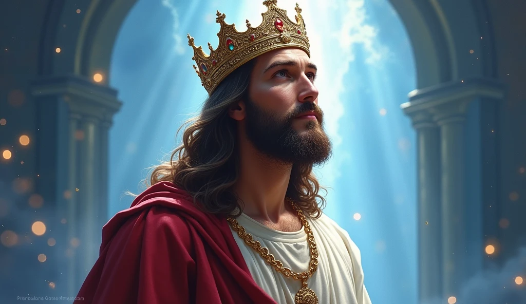 Jesus with a king&#39;s crown on his head, JesusChrist, the lord and savior, portrait of JesusChrist, Jesus of Nazareth, brilliant light masterpiece, jesus, greg olsen, king of kings, beautiful image already created, image background a kingdom of beautiful, blue and silver colors, sua mente contemplando a eternidade, glorious light,!! with a serene look and a slight smile!
