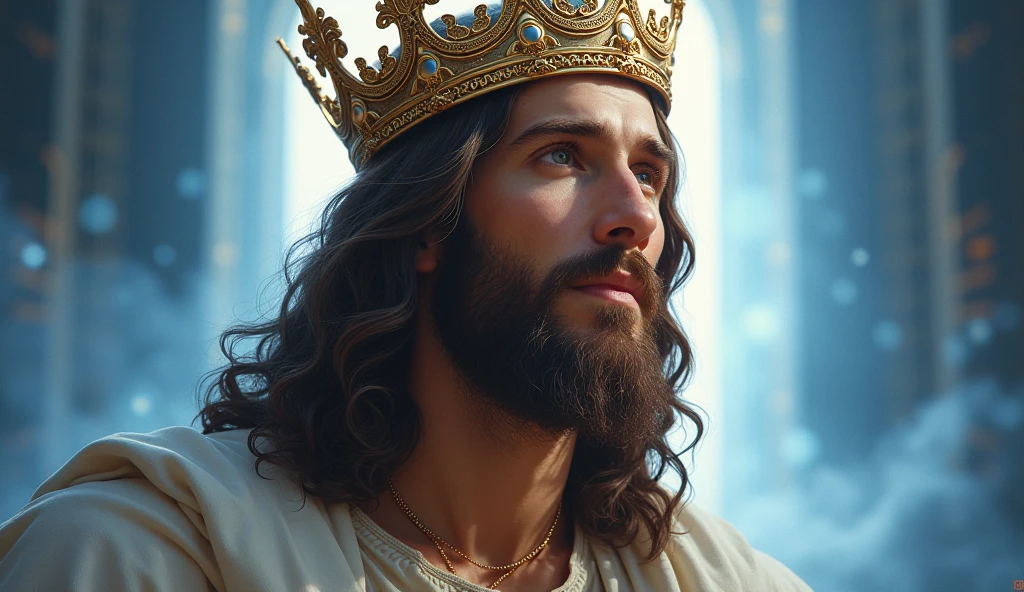 Jesus with a king's crown on his head, JesusChrist, the lord and savior, portrait of JesusChrist, Jesus of Nazareth, brilliant light masterpiece, jesus, greg olsen, king of kings, beautiful image already created, image background a kingdom of beautiful, blue and silver colors, sua mente contemplando a eternidade, glorious light,!! with a serene look and a slight smile!