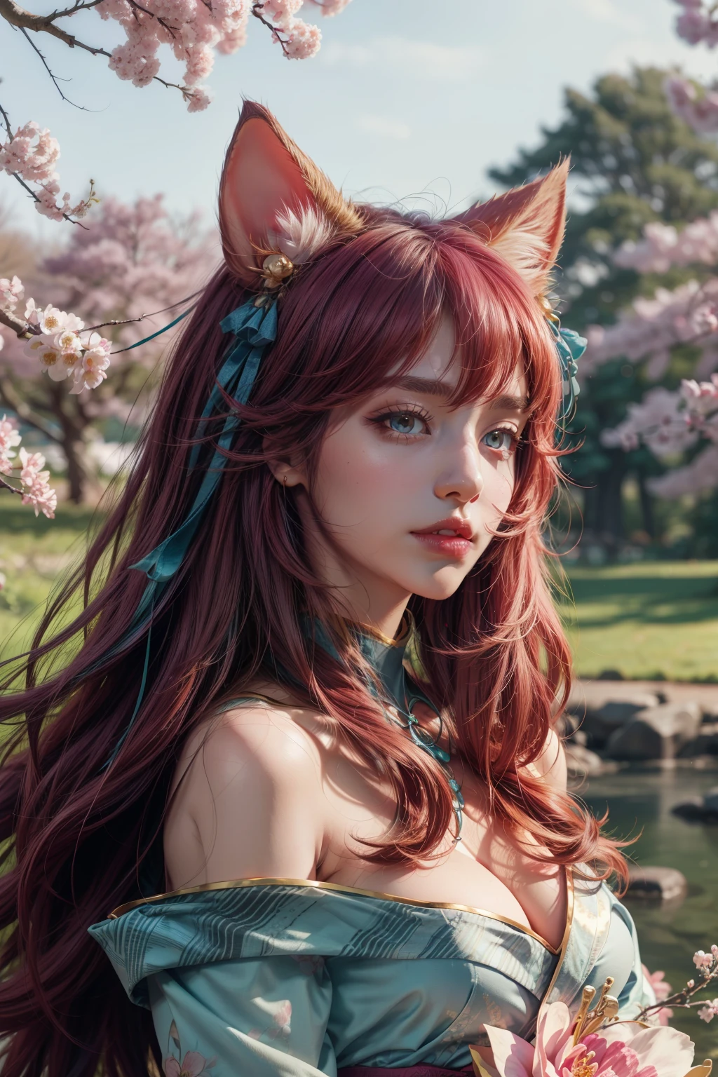 Ahri league of legends, ahri spiritual blossom, fully body, happy look, kimono, perfectbody, face detailed, high resolution, super detaill, 8k, Overview, with Japanese cherry trees 