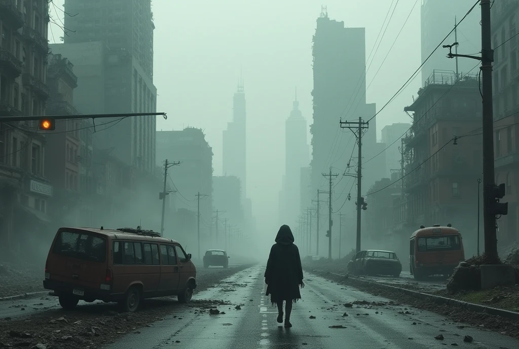aerial image of a post-apocalyptic North American megalopolis, view of the entire city with many buildings and houses, the city has shades of gray, has smoky structures, environment with smoke and fog around, abandoned and rusty cars and trucks and buses on the streets, desert megalopolis, tall buildings collapsing to the ground, Nuclear disaster, There are posts and traffic lights fallen on the street, crashed and upside down cars and buses, There is a leaning building collapsing on the street, many destroyed buildings around, THERE IS A GIRL DRESSED IN A HOOD WALKING DOWN THE STREET, she is walking , as realistic as possible, as detailed as possible