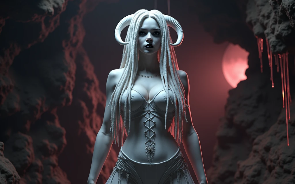 A 3D render of a gothic fantasy photo of a sensual, sexy Albino Goddess with white corset and White horns on her head. She has extremely long, ultra-realistic white Dreads hair. The goddess is wearing black Goth makeup. The background is a dark, cave-like setting with stalactites and stalagmites. The overall image has a dark, moody ambiance with a reddish hue.