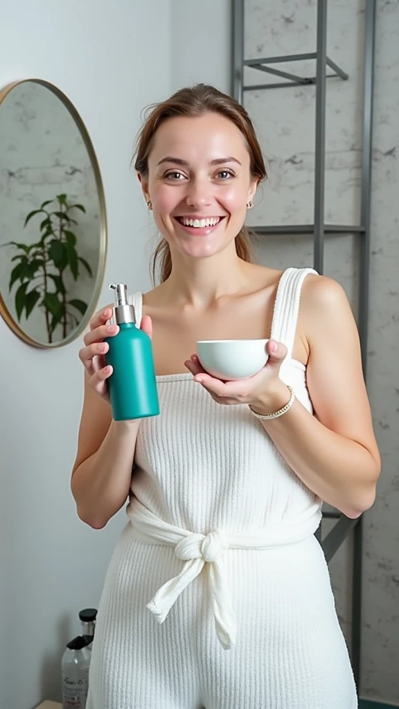 woman holding a bottle of lotion and a cup of lotion, clean face and body skin