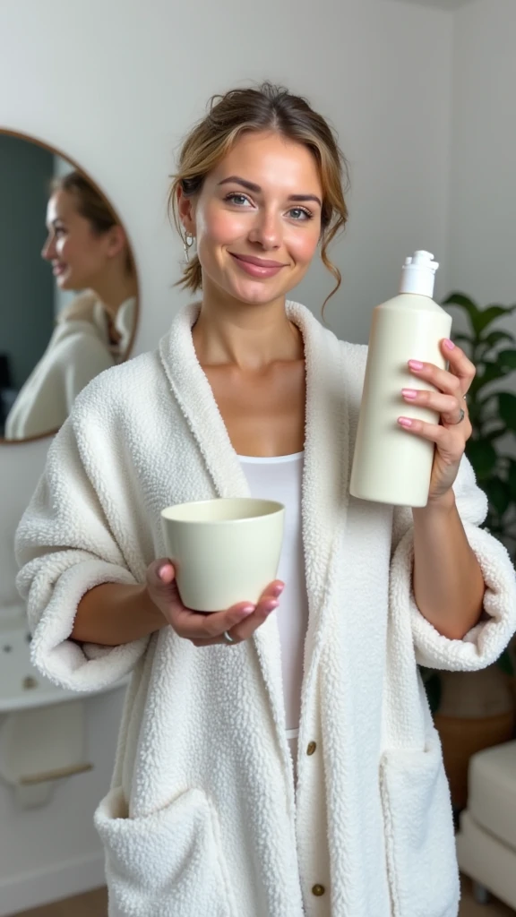 woman holding a bottle of lotion and a cup of lotion, clean face and body skin