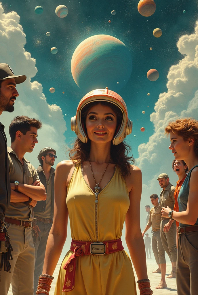 A funny image of a woman wearing a helmet surrounded by other people, Stephen Hickman, beautiful retro art, attacks from mars, golden lotus princess, destaque na cgsociety, cosmic apocalypse, persian queen, Cyril Leonov, por Jason A. English, BARBARELA