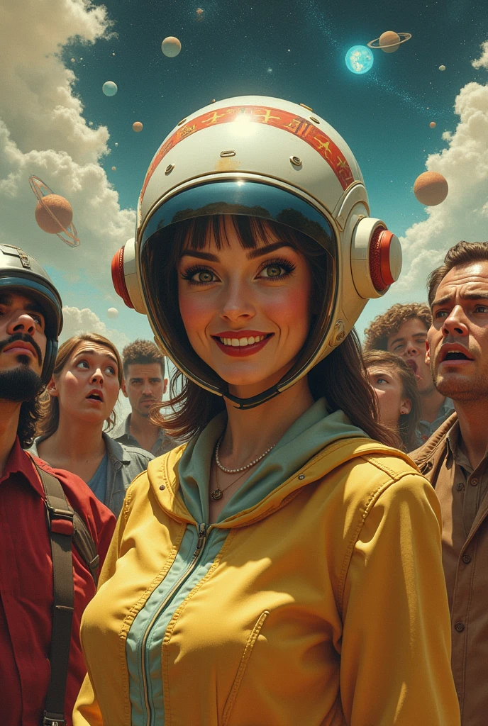 A funny image of a woman wearing a helmet surrounded by other people, Stephen Hickman, beautiful retro art, attacks from mars, golden lotus princess, destaque na cgsociety, cosmic apocalypse, persian queen, Cyril Leonov, por Jason A. English, BARBARELA