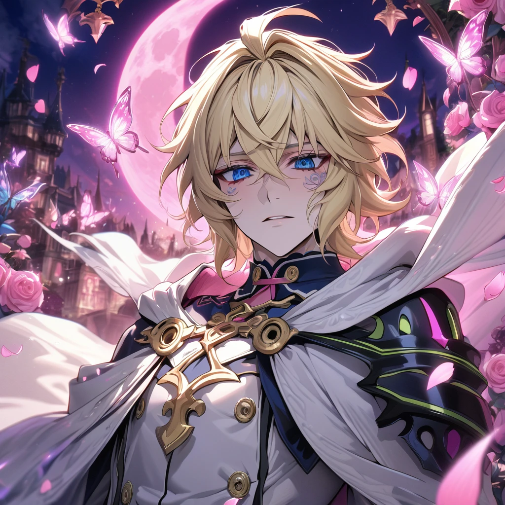 absurdres, highres, ultra detailed, HDR, masterpiece, extremely detailed, detailed eyes, detailed face, Hyakuya Mikaela, blonde hair, expressive blue eyes, Owari No Seraph, solo, sexy man, adult face, mature man, handsome, white clothes, white cape, white gloves, black belt, patterns, pink roses, pink petals, fantasy, magical, pink moon, pink glittering butterflies, pink round lights