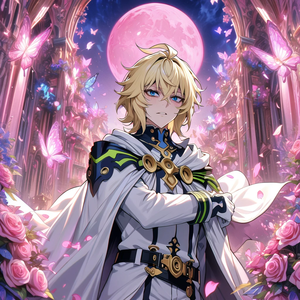 absurdres, highres, ultra detailed, HDR, masterpiece, extremely detailed, detailed eyes, detailed face, Hyakuya Mikaela, blonde hair, expressive blue eyes, Owari No Seraph, solo, sexy man, sitting, adult face, mature man, handsome, white clothes, white cape, white gloves, black belt, patterns, white pants, black knee boots, pink roses, pink petals, fantasy, magical, pink moon, pink glittering butterflies, pink round lights