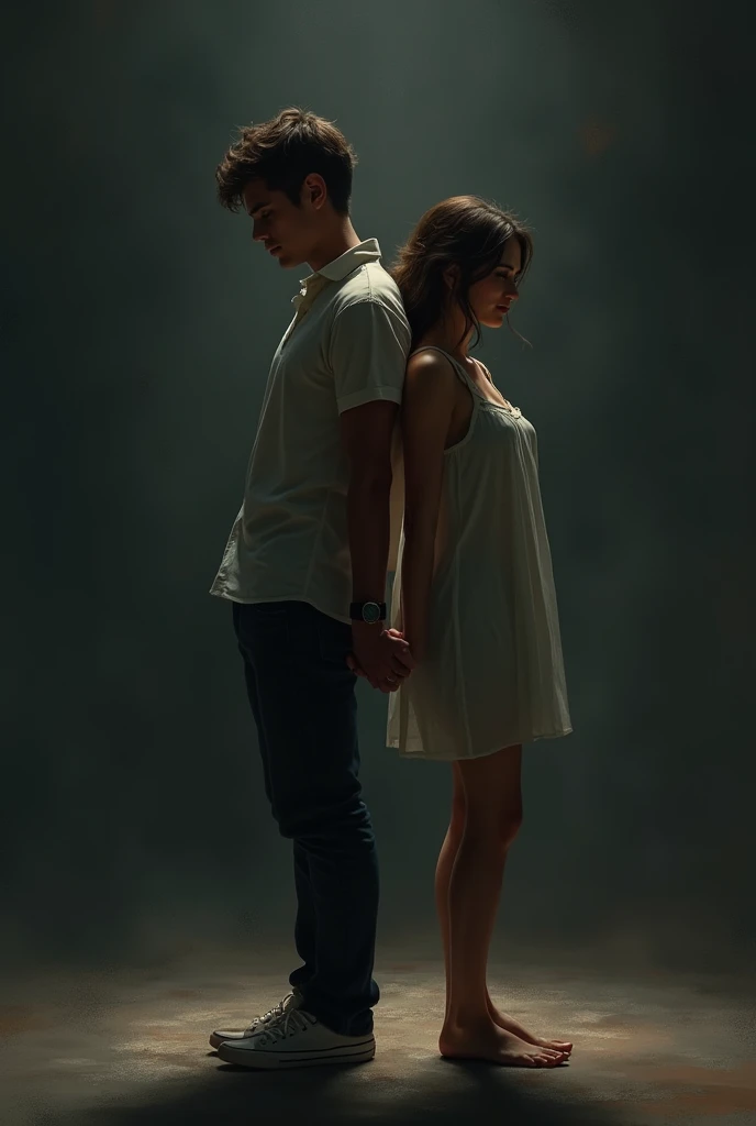 The background has to be dark with some touches of light, a man dressed casually, A small woman, reaching the chest, They are back to back and with their hands intertwined .