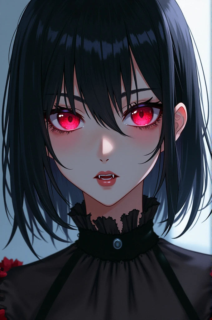 Anime girl with black shoulder-length hair and fangs and very pale skin with red eyes 