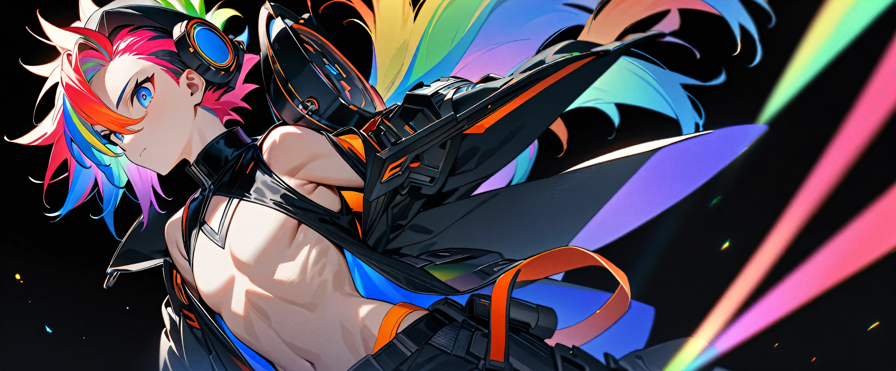 (((masterpiece,Highest quality))),(((A male anime character wearing a revealing military-style outfit with multi-colored, spiky hair and mechanical headgear))),((He wears a small military cap tilted to one side.)),(((Black Background))),Focus on the whole body,(high quality),アニメ,rainbow highlights hair,streaked hair