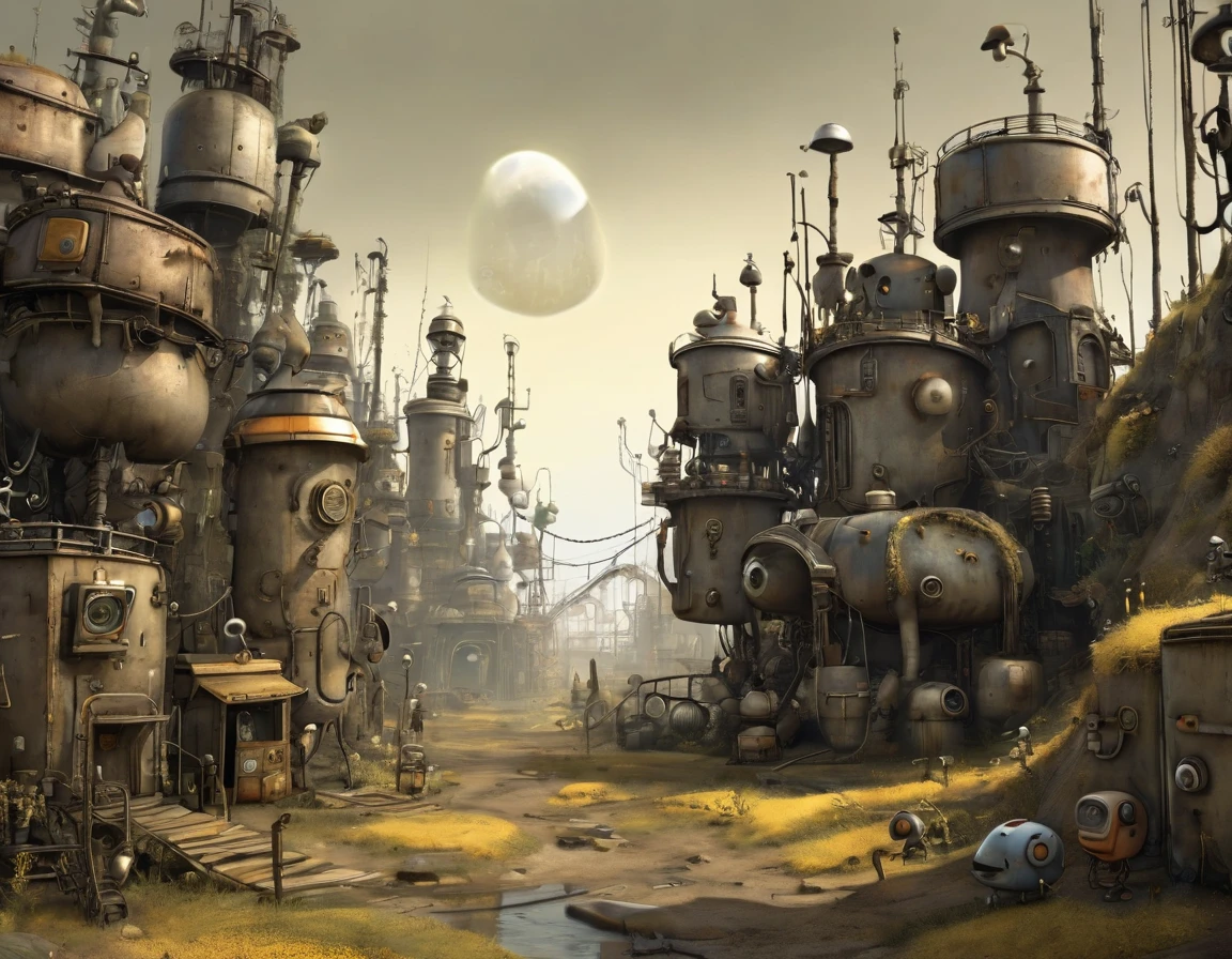 Create a full-body 3D-inspired image of a small cartoon character Josef from the 2009 game Machinarium. The character should be pathetic, blasé, and funny, thinkful but clumsy, with detailed original robotic features in a dystopian futuristic labyrinthine city, with lots of metal structures, columns, doors, stairs going up and down, scrap metal scattered around, and trash cans full of junk, surreal textures, and dynamic lighting that enhance the atmospheric, retro-futuristic setting. The environment should be menacing and mysterious, yet calm and playful. calm and bucolic composition, samorost and machinarium style cartoon
