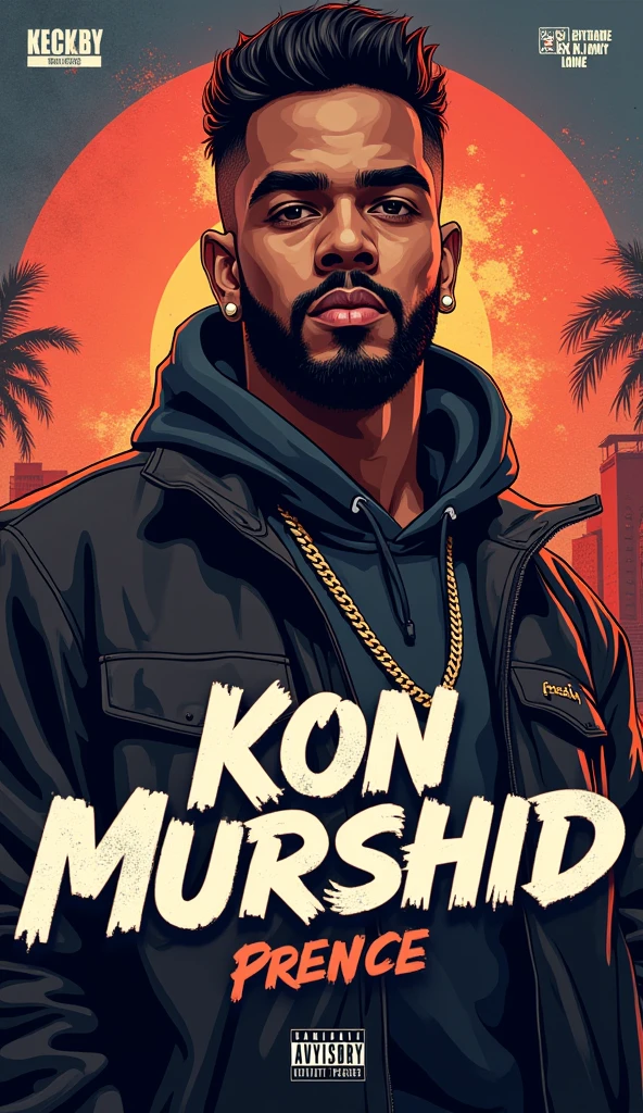 Create Rap Cover poster , rapper name as text on poster "Kon Murshid?" Rapper age 27 years handsome guy with beard