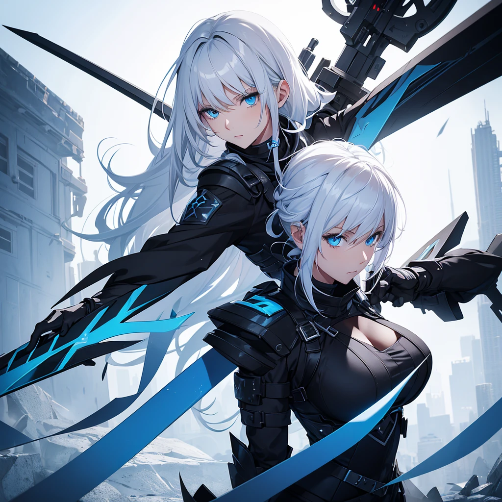 White-haired, blue-eyed girl in a black and blue mercenary outfit with a sword on her back