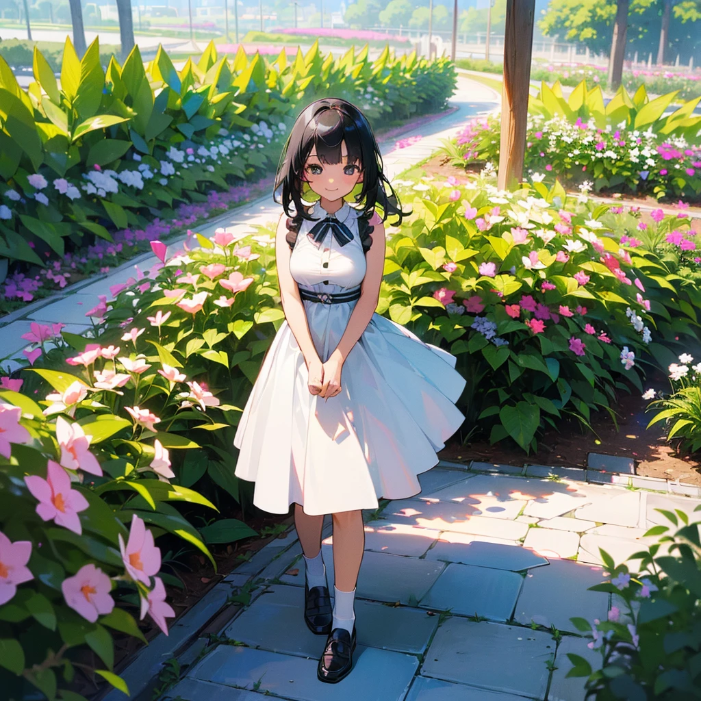 (high quality, High resolution, Very detailed, reality:1.37), Peaceful atmosphere, (Outdoor, garden), Teenage girl standing alone, (my breasts are big.), Beautiful details, Cute Smile, (Black bob hair), White sleeveless dress, White socks, loafers.
