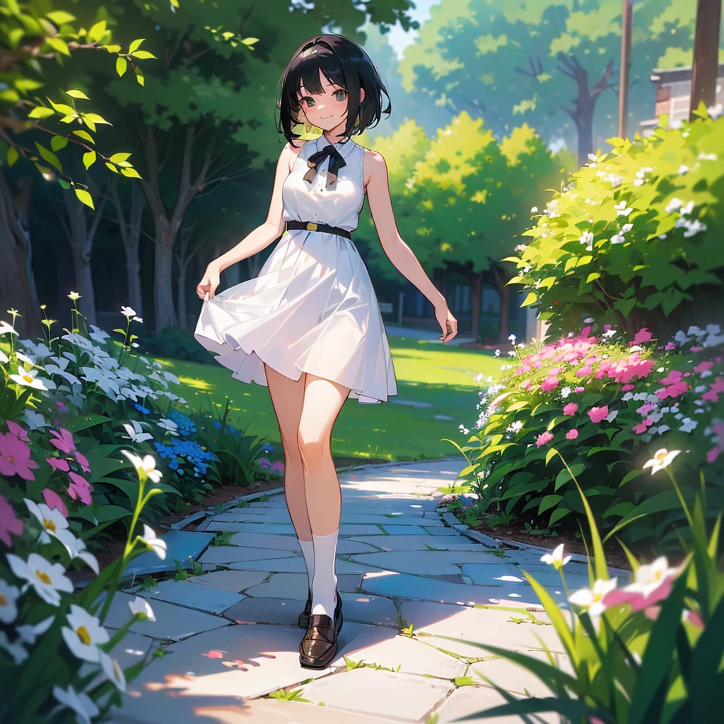 (high quality, High resolution, Very detailed, reality:1.37), Peaceful atmosphere, (Outdoor, garden), age girl standing alone, (my breasts are big.), Beautiful details, Cute Smile, (Black bob hair), White sleeveless dress, White socks, loafers.