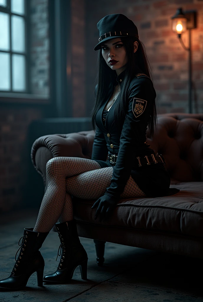 Goth police woman with fishnets short skirt and boots sitting on the sofa 