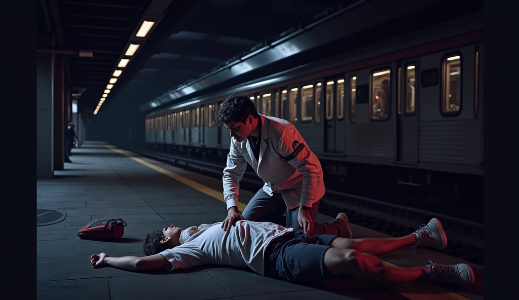 Scene at subway station，A subway train passing by in the background，Someone in front is using an AED to rescue the person lying down