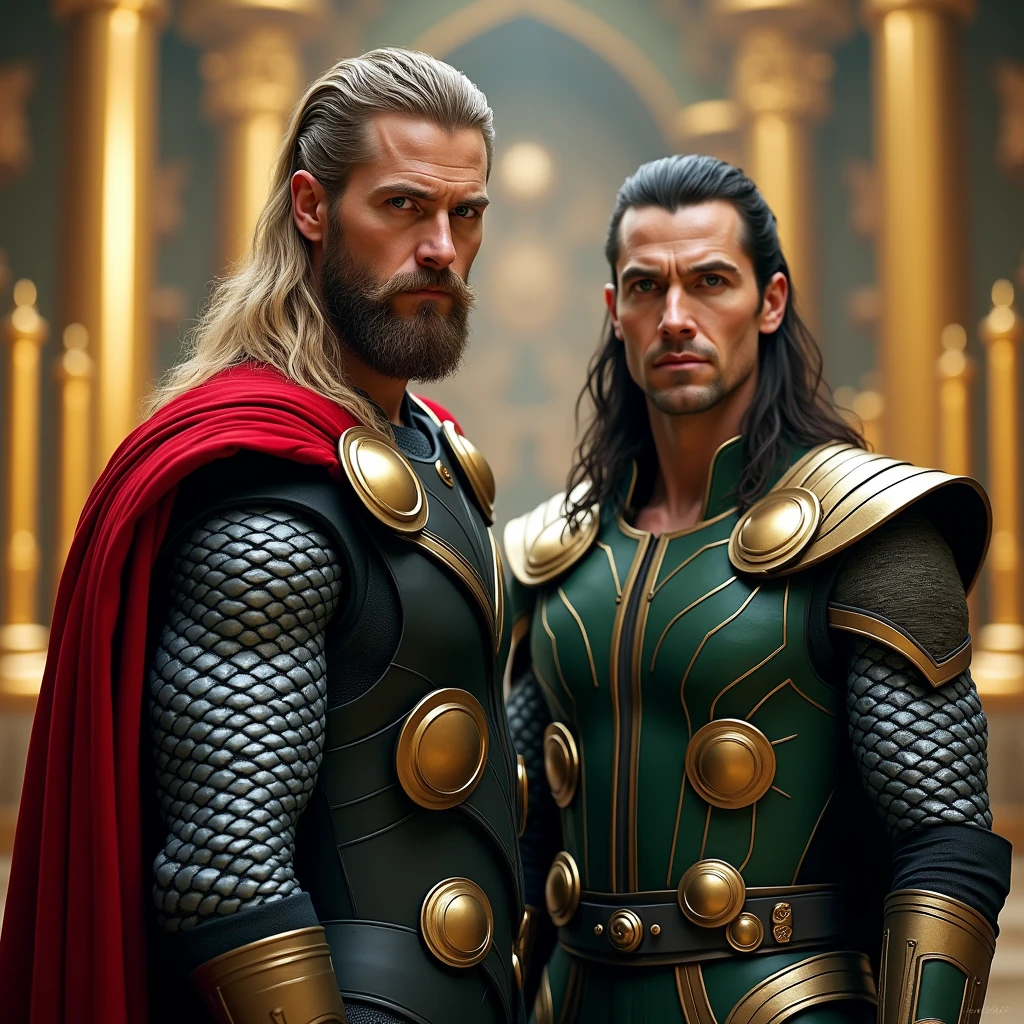 Thor and Loki, a god and trickster together, Norse mythology, dressed in battle armor, Asgard, standing side by side but with tension between them, with the golden halls of Asgard in the background, medium shot, hyper-realistic, photo realism, cinematography --ar 1:1