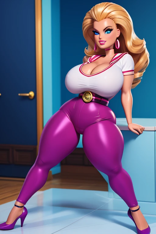 (Barbie), (Sara Bellum), (Female Personification: The Sun), beautiful face, structured jawline, 3D, rambunctious, busty blonde, giant breasts, age: 30's, American, white, blue eyes, copious mammary size, enormous inflated breasts, massive knockers, business formal apparel, boss lady, pants, full body pose, tight clothing, BIG BIGONZOS, slim waist line, waist, white collar blouse, rich, sailor outfit, wide hips, voluptuous thighs, adorable hips, straddling male viewer, excessive straddling position, pumped up, inflated super-sized breasts,
