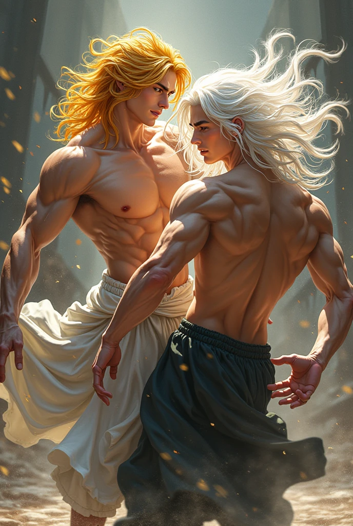 Gay anime blonde haired man and white haired longer man. Both are dancers masculine