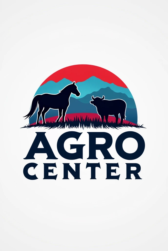A logo written Agro Center with the colors Blue, Red and White with a horse and cow in the background 