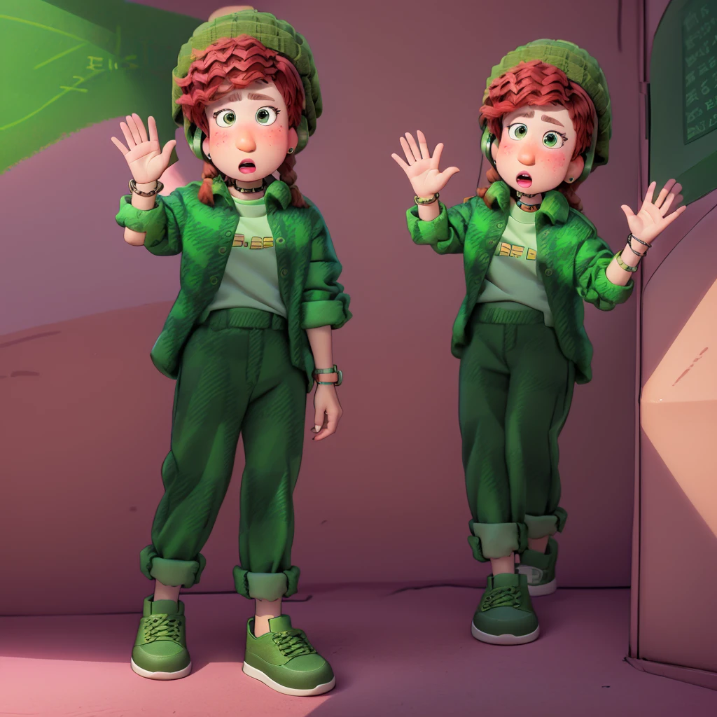 Miriam Mendelsohn

m_m, 1 girl, green eyes, red hair, braids, freckles , fur hat, earrings , headphones, flannel shirt green , shirt mint green , trousers dry green , plum shoes ,

score_9, score_8_up, score_7_up,

(((at school))) , (((full body))), looking at viewer, waving,