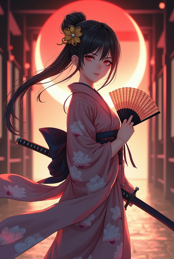 A Pretty Girl Age 17 Wear A Lotus flower pattern kimono the kimono is long with 4 scarves that float freely,with Bun Hime cut hairstyle With gold colored flower hair decoration and 4 crossed hairpins, Carrying One Katana and Japanese Folding Fan Behind her there is a medium sized sword,The setting is in a Japanese castle corridor, with a view of a solar eclipse.