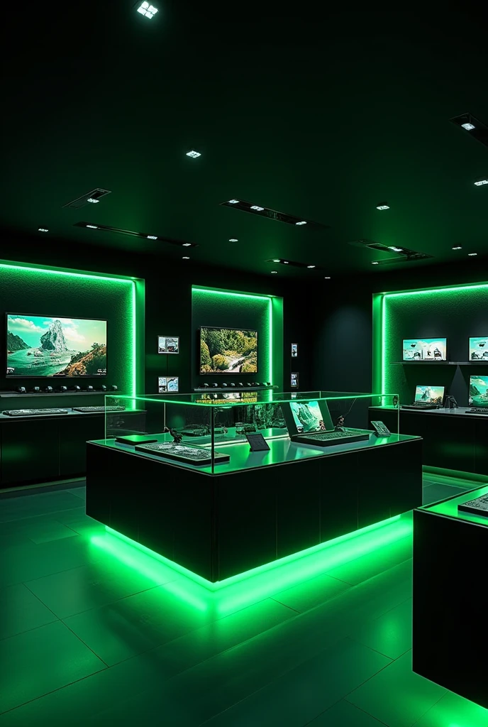 Modern electronics store inside black with light green lights