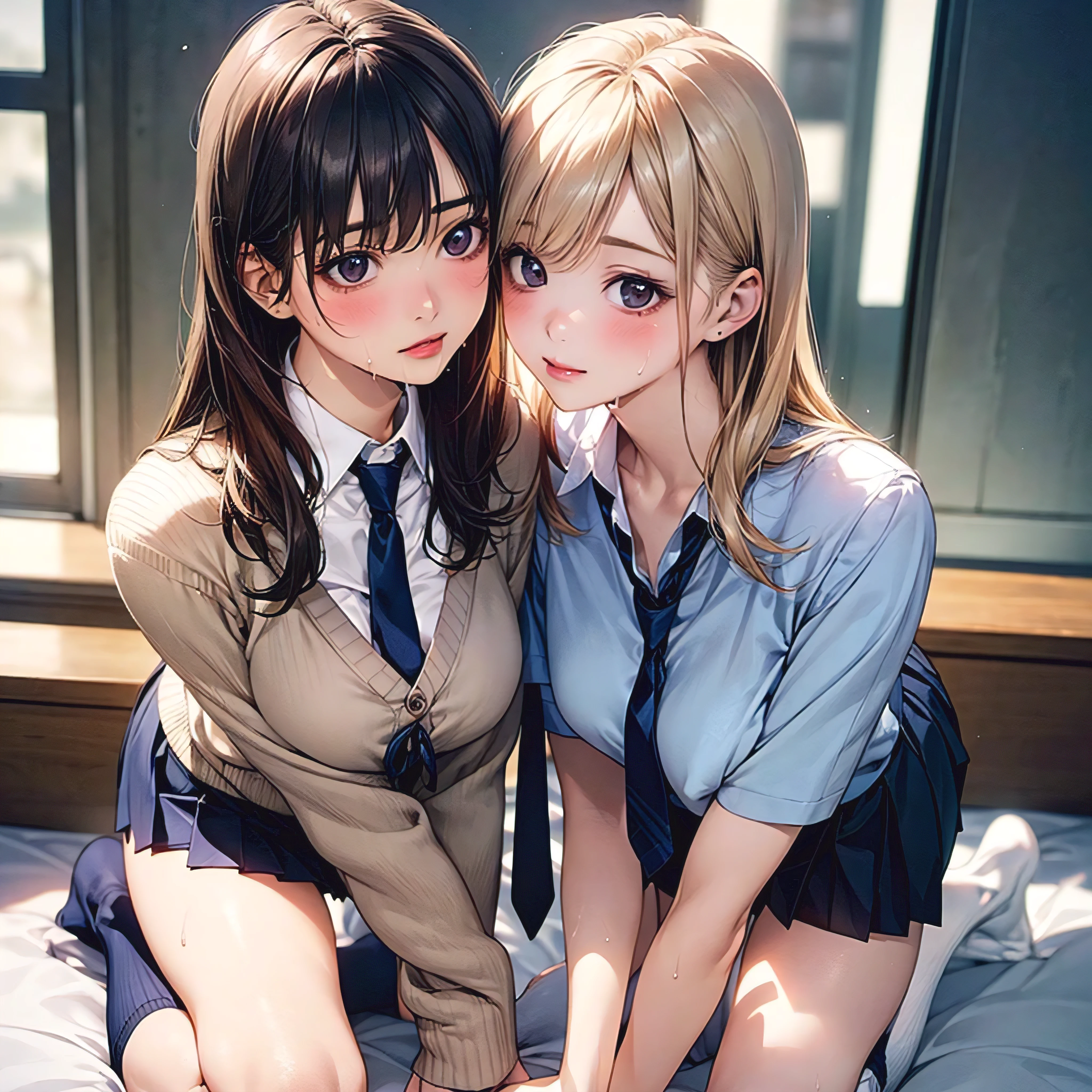 On all fours、Scrounge,Connected saliva,kiss,Female couple.Hug each other strongly、Lesbian,caress,kiss,(masterpiece:1.2, Highest quality), (Realistic, photoRealistic:1.4), Beautiful illustrations, (Natural Side Lighting, Cinema Lighting), Browsing Caution, Two people gazing into each other's eyes, Love each other, 2 people, Japanese, high school girl, Perfect Face, Cute and symmetrical face, Glowing Skin, slimy skin,Wet Hair,
(Long Hair:1.8, Straight hair:1.7, Light blonde), Asymmetrical bangs,, (Large Breasts:1.1, Thick thighs),
Beautiful Hair, Beautiful Face, Beautiful attention to detail, Beautiful clavicle, Beautiful body, Beautiful breasts, Beautiful thighs, Beautiful feet, Beautiful fingers,
((Light blue collared shirt, Navy pleated mini skirt, Knee socks, Navy untied tie, Light brown cardigan)), Clothes that are transparent due to sweat、Pink Panties,
(Beautiful views), evening, On the bed, (While looking at each other,Watery eye,Ahegao, Upward glance), Erect nipples,bottomless