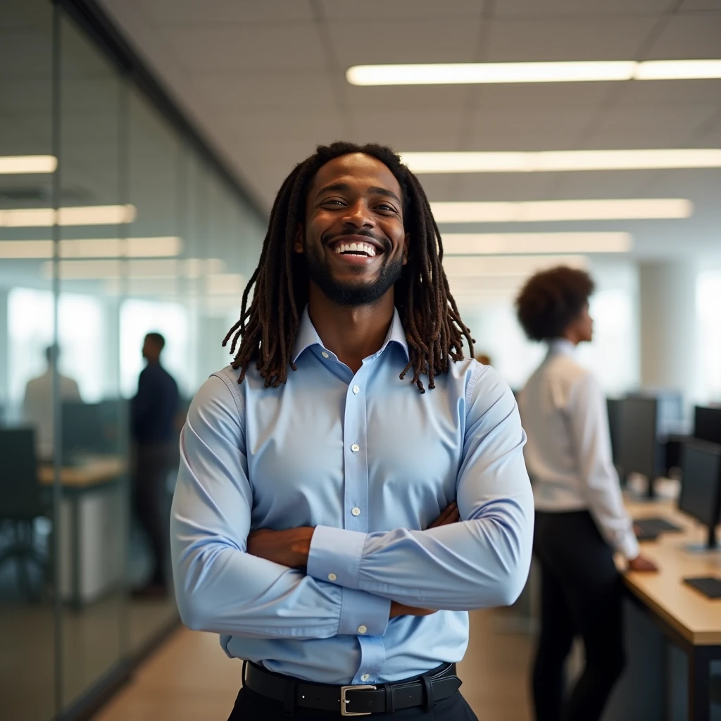Black skinned boy, dreadlocks, Getting promoted at work, happy mood