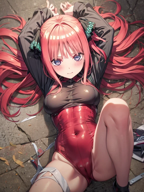 best quality, insanely detailed, nino nakano, breasts, blush, looking at viewer, cheerful eyes, arousal,long sleeve leotard, highleg leotard, athletic leotard, tight leotard, full body, spread legs