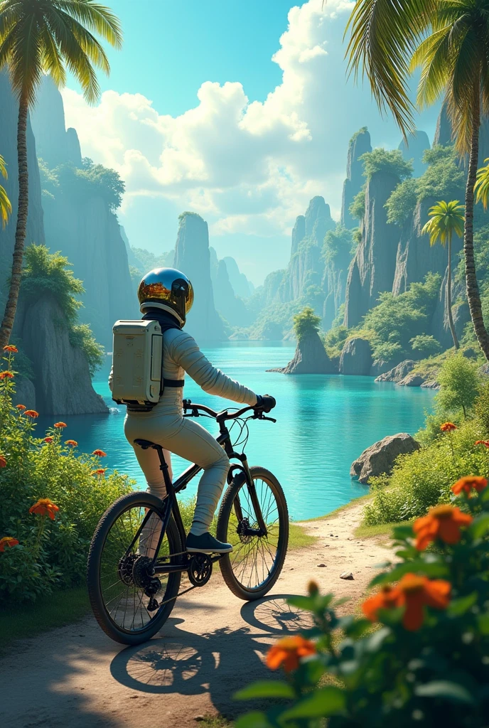 Astronaut riding a bicycle in paradise
