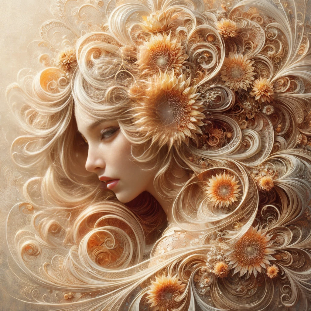 a close up of a woman with a flower in her hair, karol bak uhd, gorgeous digital art, Fractal Hair, detailed woman, beautiful digital art, beautiful gorgeous digital art, digital difficult art, extraordinarily detailed woman, Highly detailed 4K digital art, beautiful digital artwork, difficult beautiful faces, very beautiful digital art, Fantasy. difficult