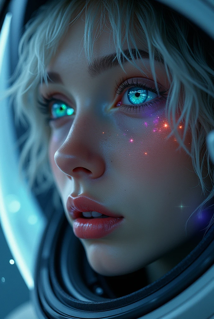 (Close-up of a better masterpiece:1.5)0.9], (Space and astronauts:1.2) (Messy silver hair:1.1) (Heterochromia xanthochromia and blue eyes:1.2) (Space Helmet:1.0) (Colored stars in the eyes:1.0) (A radiant glow:1.1) (thick lips:0.9)