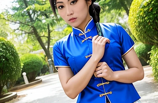 Chinese style blue short sleeve shirt。Chinese style blue hot pants。Two buns hair。Street Fighter Chun-Li。