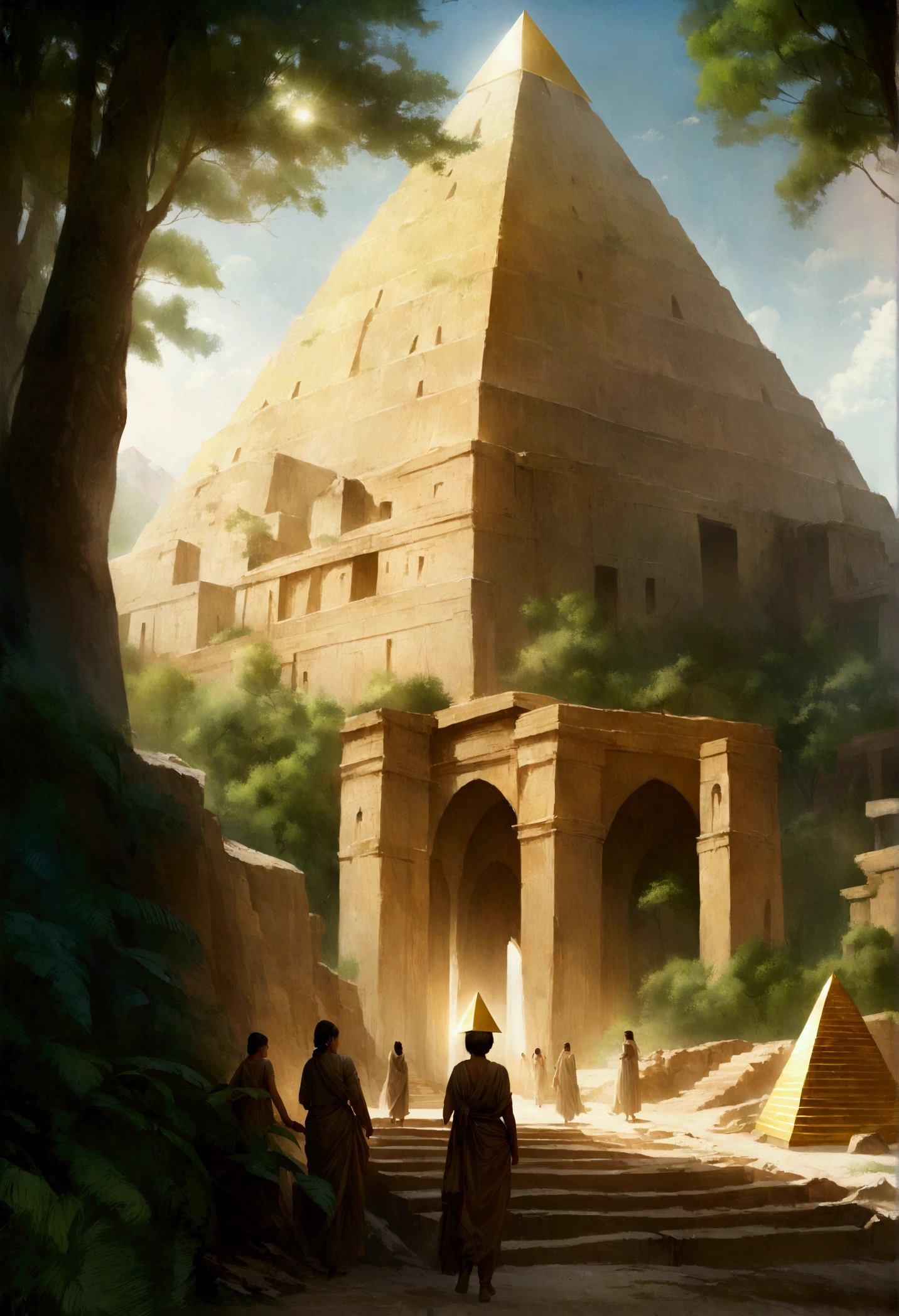 Understood, Trees in the deep forest々The lost city surrounded by, Golden Pyramid, Shining in the sunshine, Realistic photos.