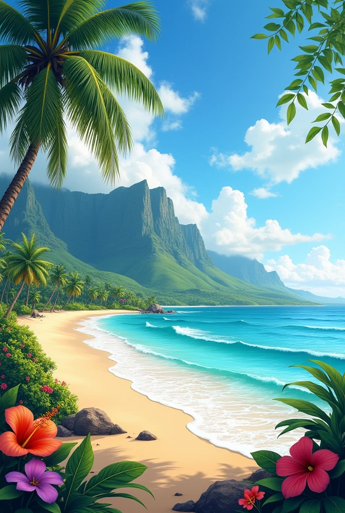 Create me a wallpaper for my cell phone, a landscape, like hawaii