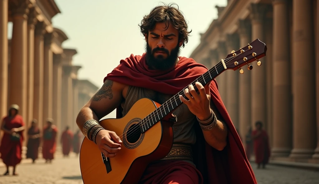 a man playing guitar in chaotic ancient rome, detailed face, dramatic lighting, cinematic composition, muted color palette, masterpiece, award winning digital art, hyper realistic, 8k