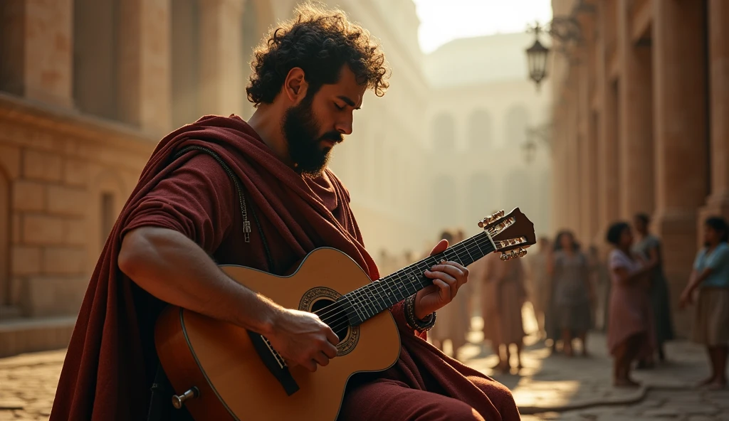 a man playing guitar in chaotic ancient rome, detailed face, dramatic lighting, cinematic composition, muted color palette, masterpiece, award winning digital art, hyper realistic, 8k