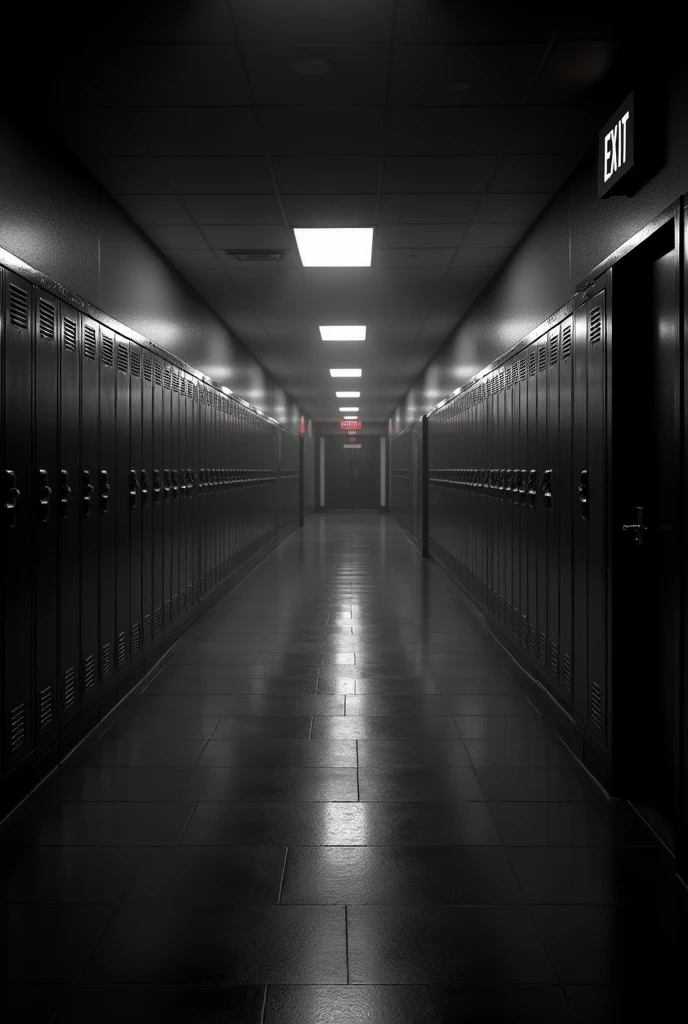 long dark school hallway in black and white