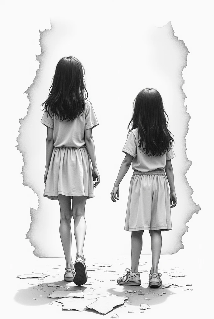 Drawing of two girls, with one crying and the other walking away Black and white drawing Add torn sheets of paper and the girls make them older and without showing their whole body