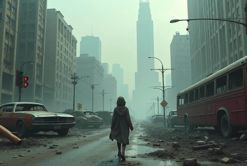 aerial image of a post-apocalyptic North American megalopolis, view of the entire city with many buildings and houses, the city has shades of gray, has smoky structures, environment with smoke and fog around, dirty cars and trucks and buses abandoned rusted and burned in the streets, desert megalopolis, tall buildings collapsing to the ground, Nuclear disaster, There are posts and traffic lights fallen on the street, crashed and upside down cars and buses, There is a leaning building collapsing on the street, many destroyed buildings around, THERE IS A GIRL DRESSED IN A HOOD WALKING DOWN THE STREET, she is walking , as realistic as possible, as detailed as possible