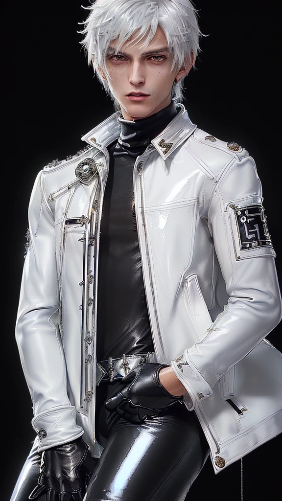 ((Final fantasy taste and reality graphics)), ((Japanese young cute and cool ikemen  boy)), his age is early 20s, thin eyebrows and beady eyes,  ((((he wearing white color and very shining brightly enamel leather very thick single-brest jacket)))), ((with epaulet)), ((enamel leather jacket close all zippers)),, ,(( jacket collar is very high length stand-up collar with belts)), , (((also wearing black color turtleneck very shining brightly enamel leather shirts))),  (((tight black and very shining brightly enamel leather pants))), ((((very shining brightly black enamel leather tight and thin glove)))), ((black color and vety shining brightly leather knee-high raceup boots)),head-to-toe, whole body, boy looks like fashion model,Do not show skin from the neck down,(((all his clothes are smooth design and very shining))),(((Avoid adding unnecessary decorations to your clothes))),(((all clothes is simple design and appearance)))