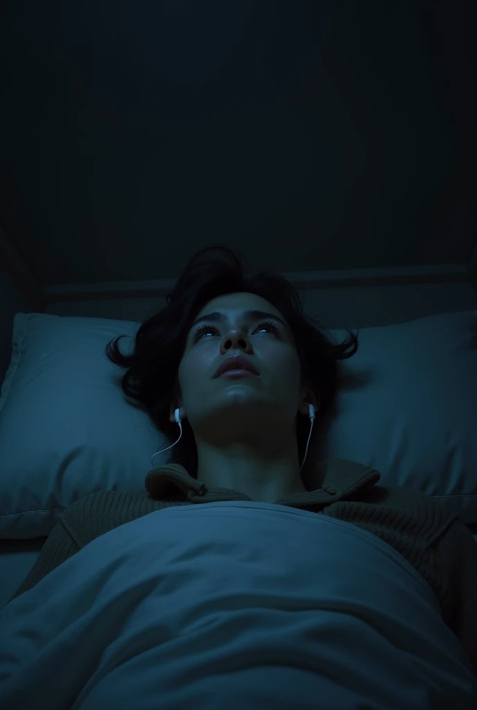 person with a blank expression laying in bed with earbuds in looking at there ceiling in a dark room
