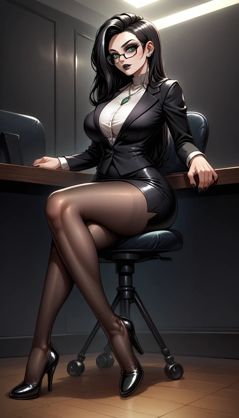 score_9, score_8_up, score_7_up, from the author: Wyla
anthropomorphic furry tigress female, brown long hair, green eyes, black makeup, short black pencil skirt, glasses, black classic blazer, nylon tights, black high-heeled shoes, open neckline, necklace, Gothic, goth, corporate goth, big breasts, slim figure, big hips, Close-up, sitting on a work chair, legs crossed, indoors, in a dark room, mysticism